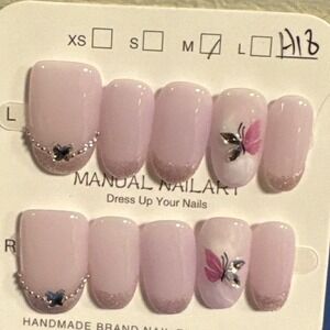 Press On Nails Light Pink Butterfly Glitter Medium